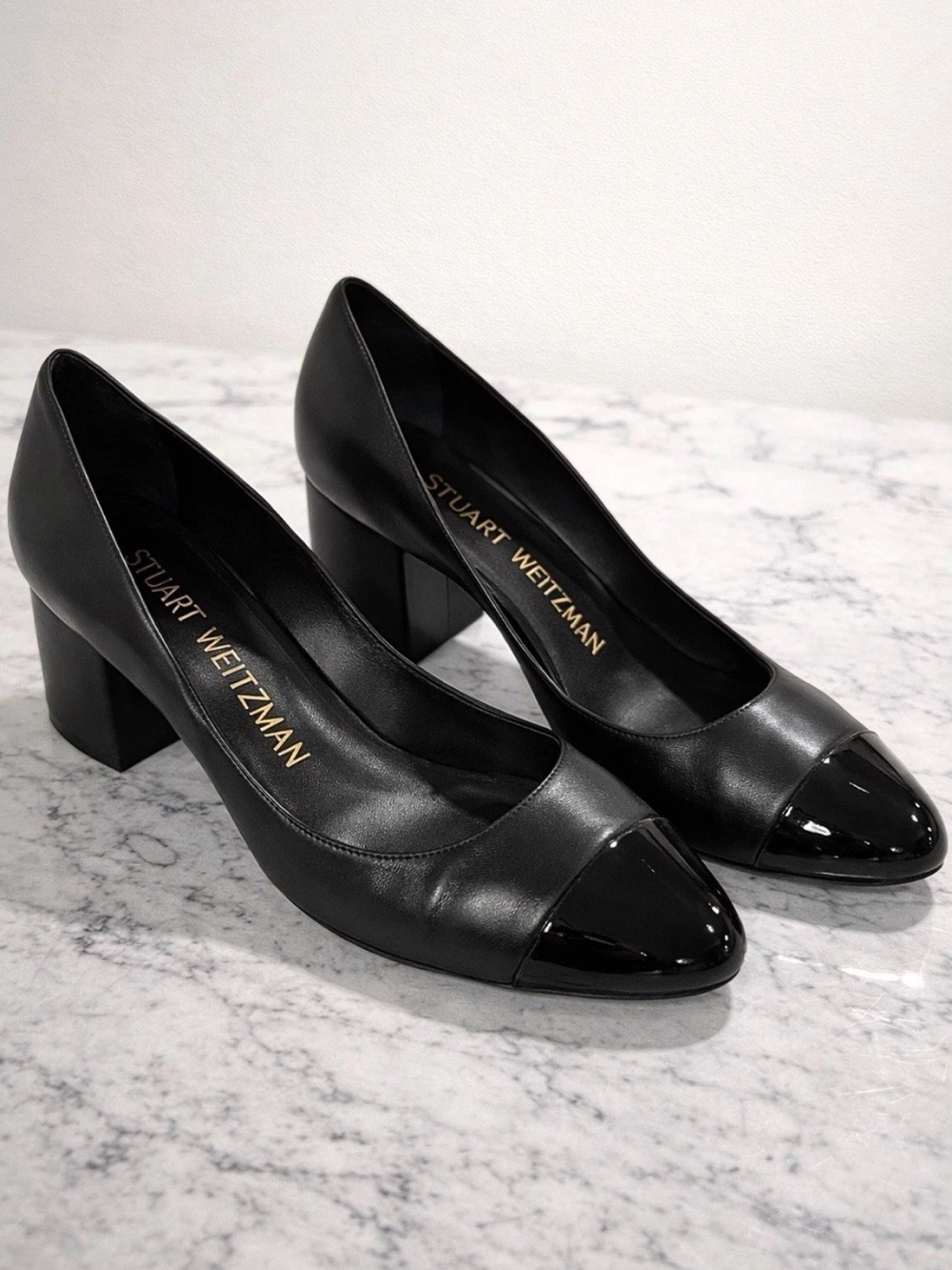Stuart Weitzman Flareblock 60 Pump Black Leather Cap Toe 12 EU 42.5 Luxury $412